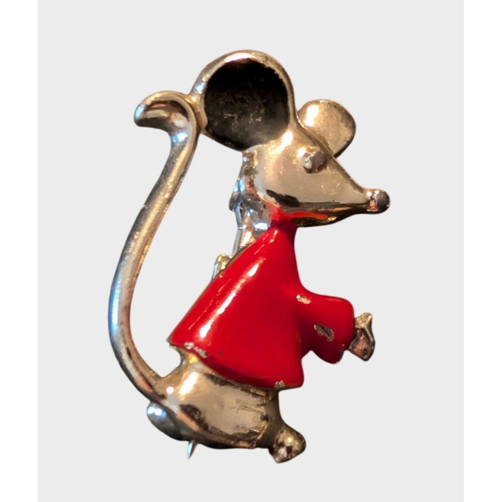 Vintage Red Mouse Brooch Enamel Gold Tone Animal Lapel Pin Unisex Accessory